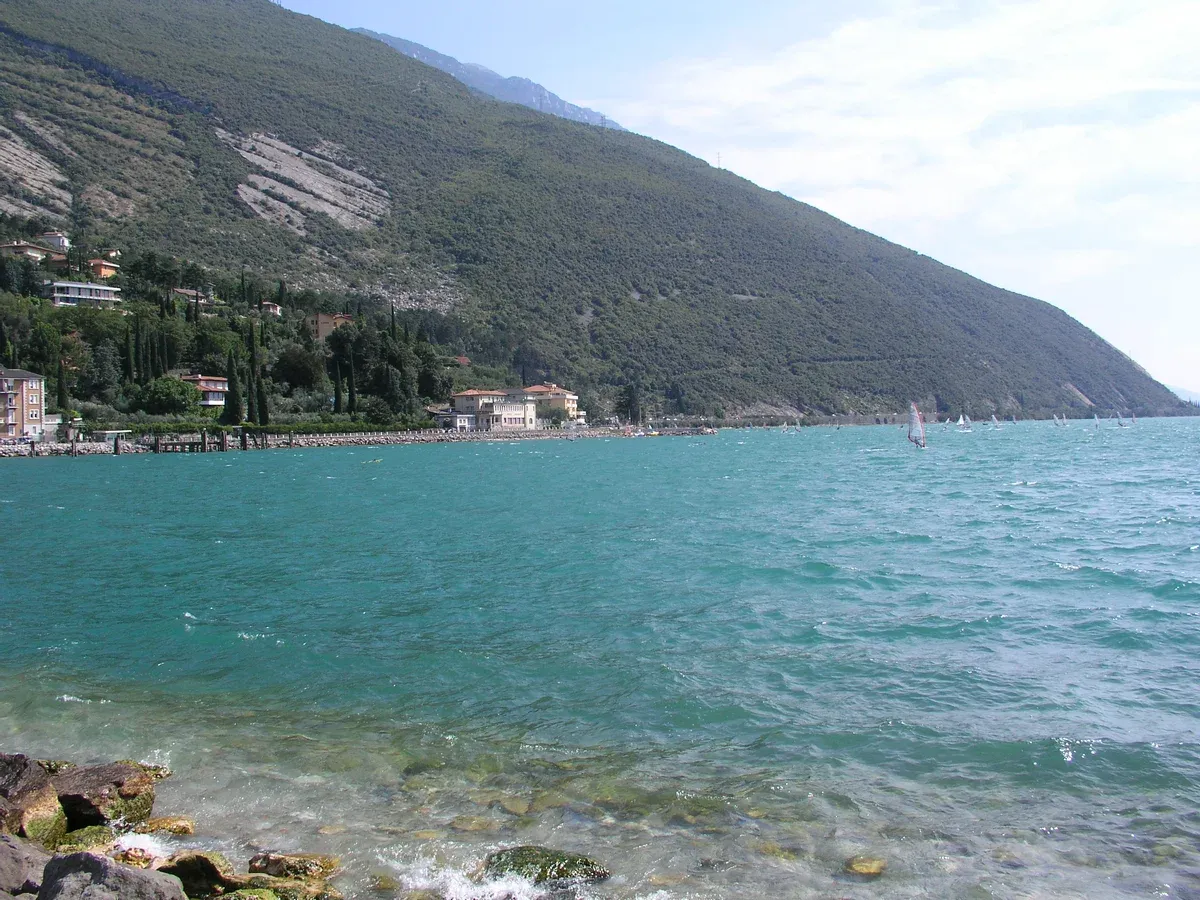 The north basin of Lake Garda from Torbole, Italy, with Monte Baldo's slope dropping into the water