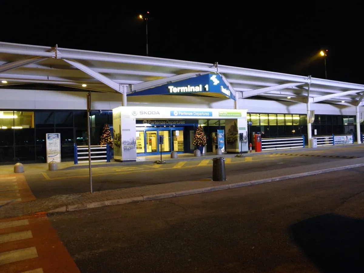 The terminal of Verona Villafranca airport at night, the closest airport to Lake Garda, Italy