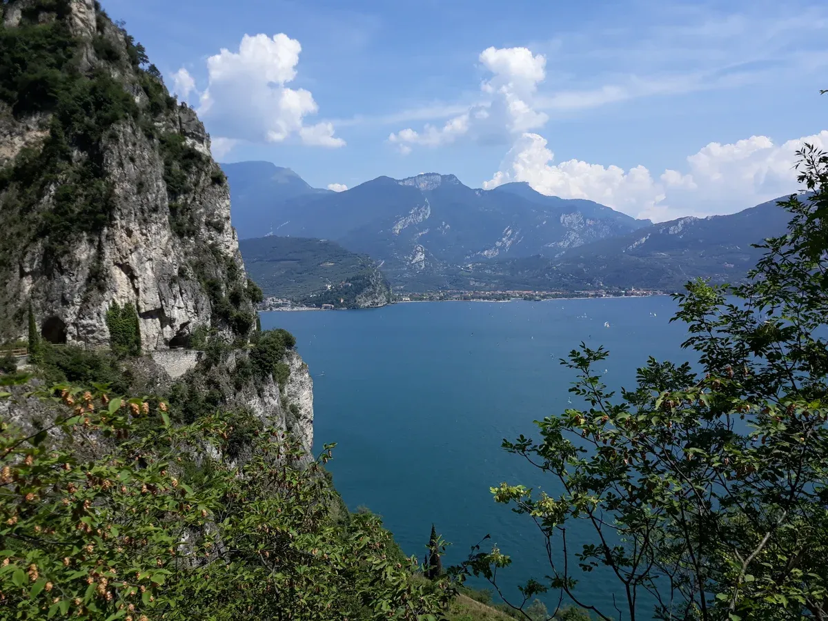 The Ponale road cut into the cliff above the northern tip of Lake Garda, Italy
