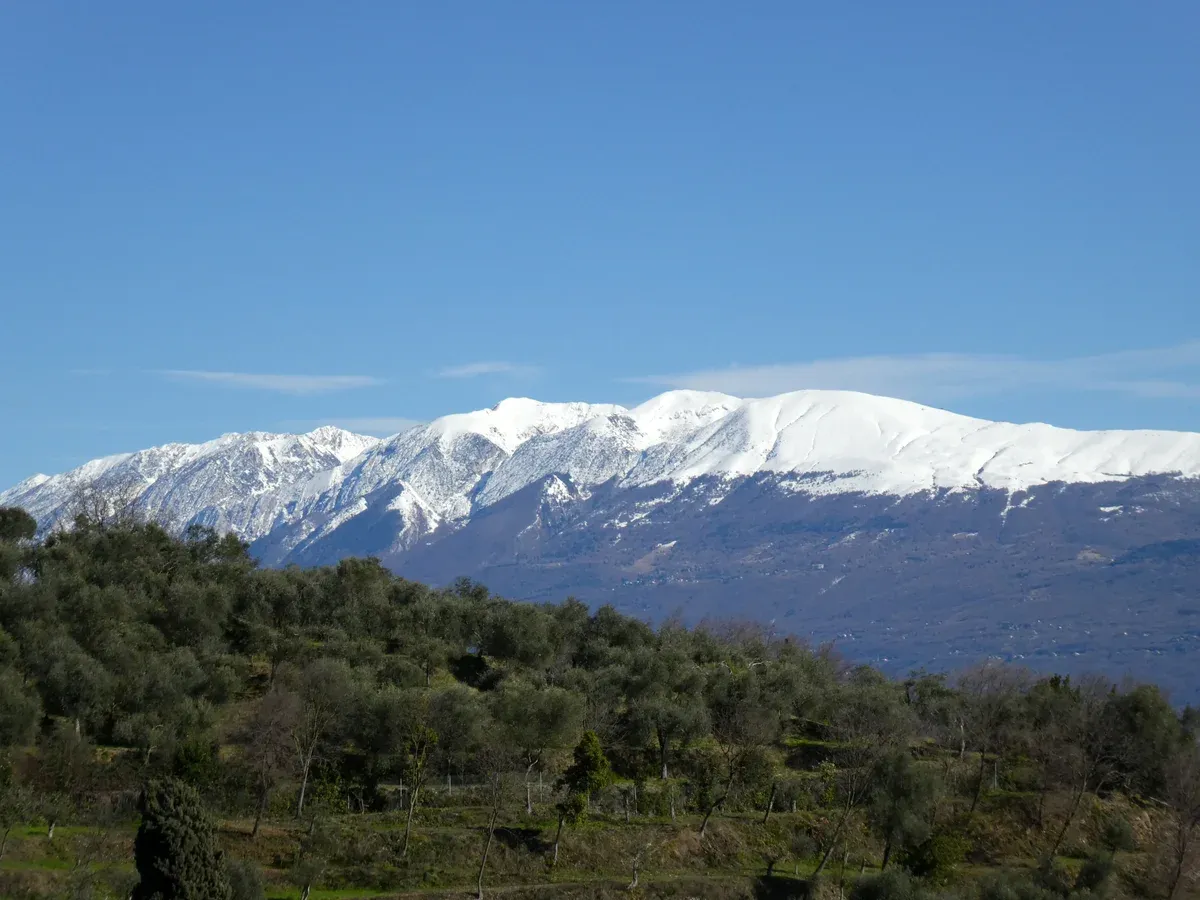Monte Baldo under snow above the olive slopes of Lake Garda, Italy, seen from Gardone Riviera