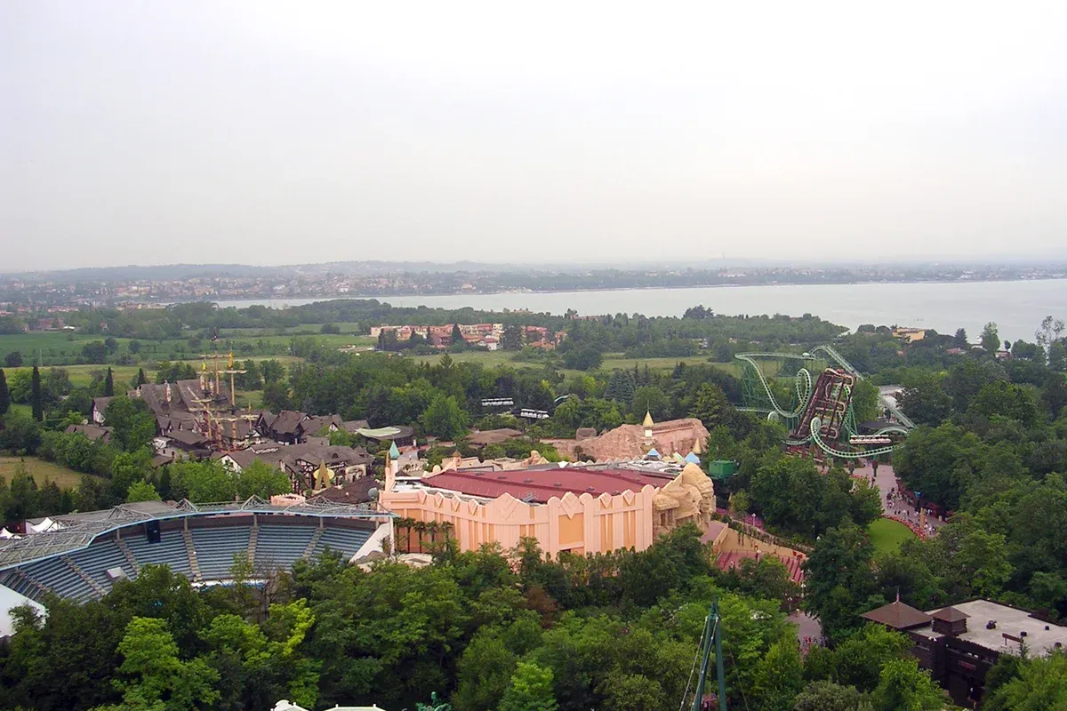 View over Gardaland Park towards Lake Garda, Italy