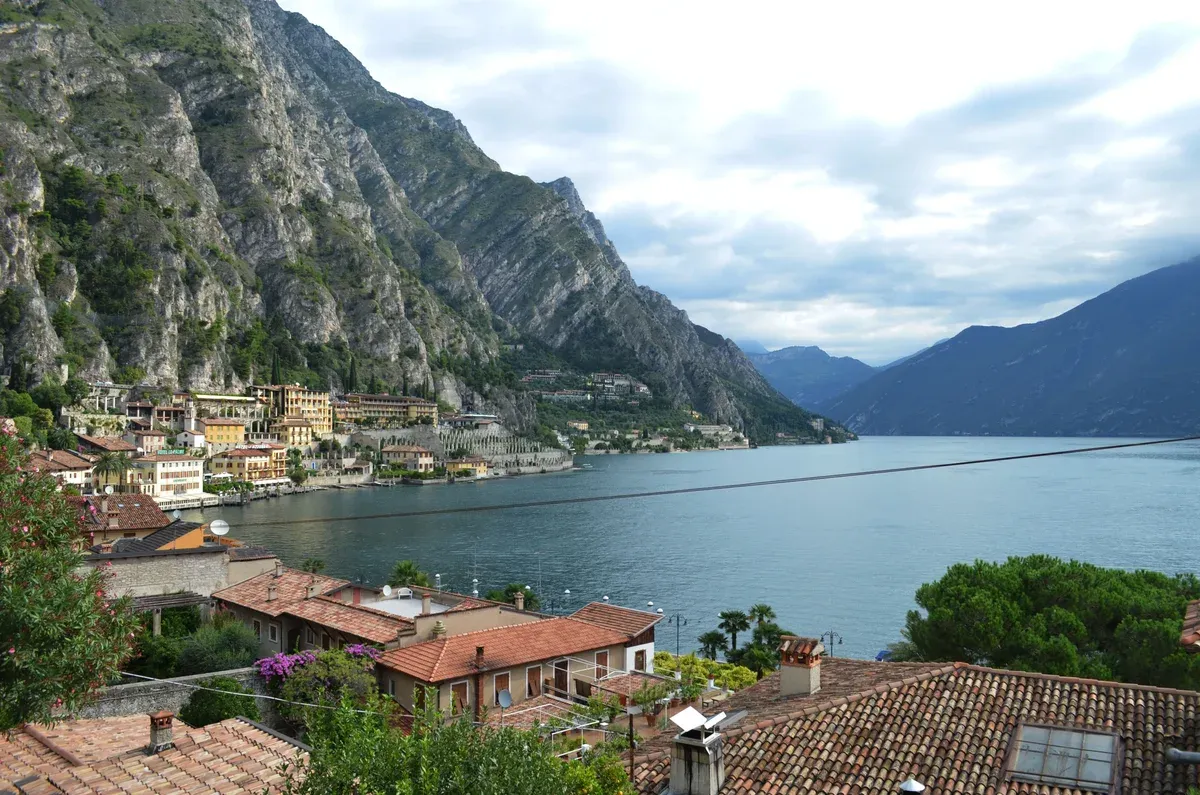Limone sul Garda, Italy, from above the rooftops, the town on the shore of Lake Garda under the cliffs