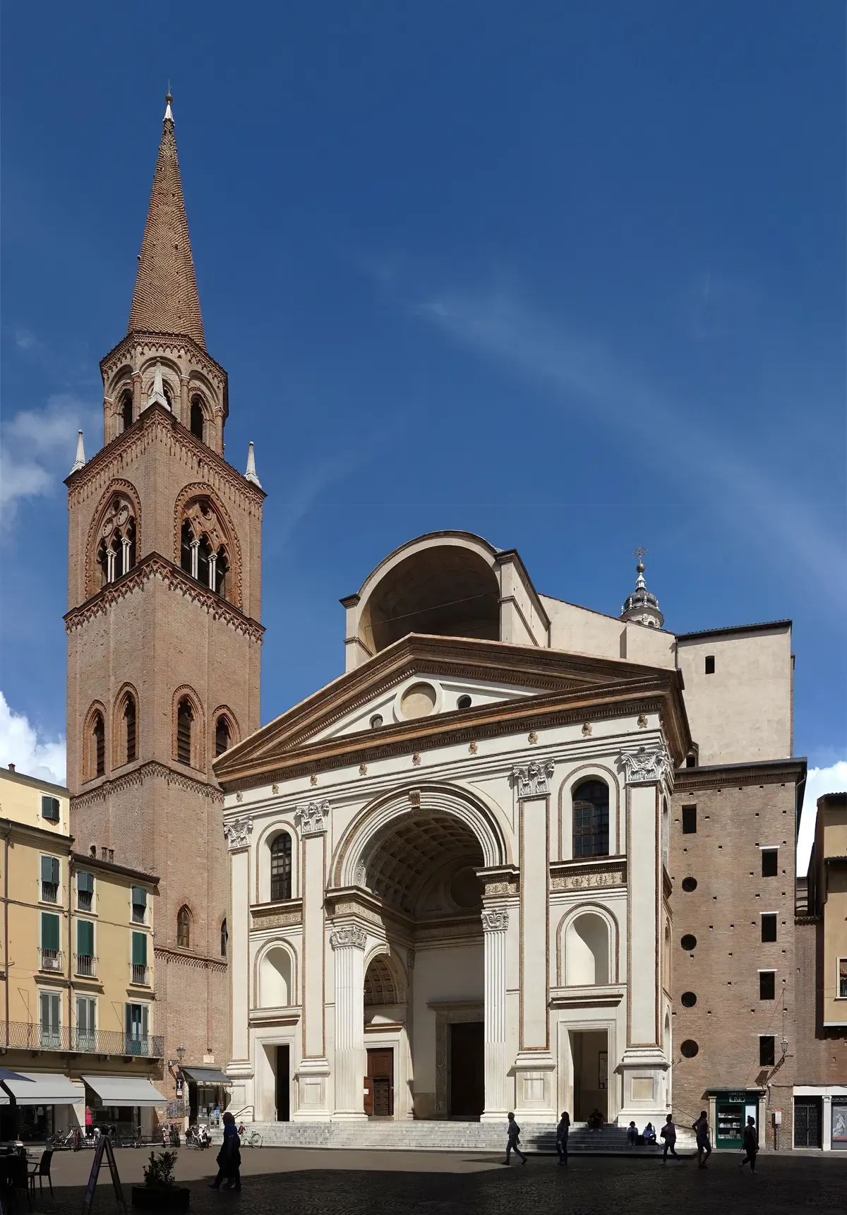 The facade and bell tower of the Basilica of Sant'Andrea in Mantua, Italy