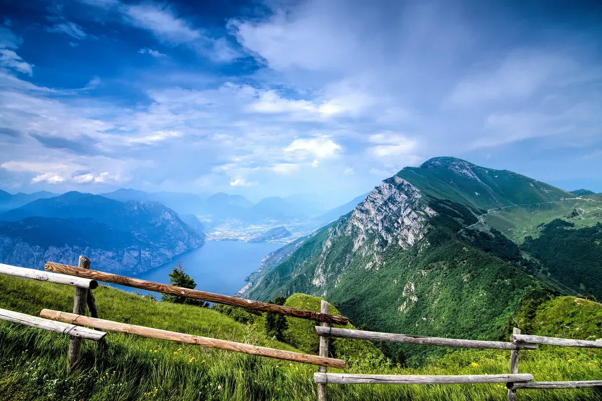 View from Monte Baldo north over Lake Garda towards Riva del Garda, Italy