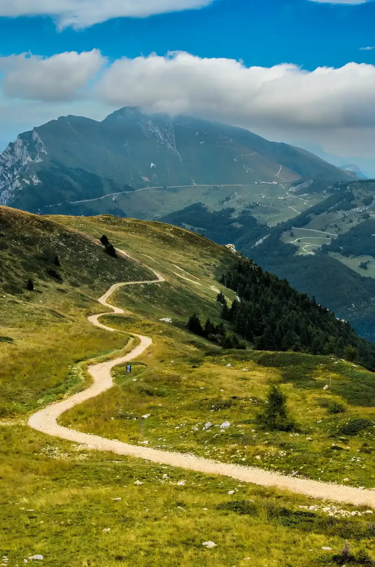 A dirt trail across the alpine meadows of the Monte Baldo massif above Lake Garda, Italy