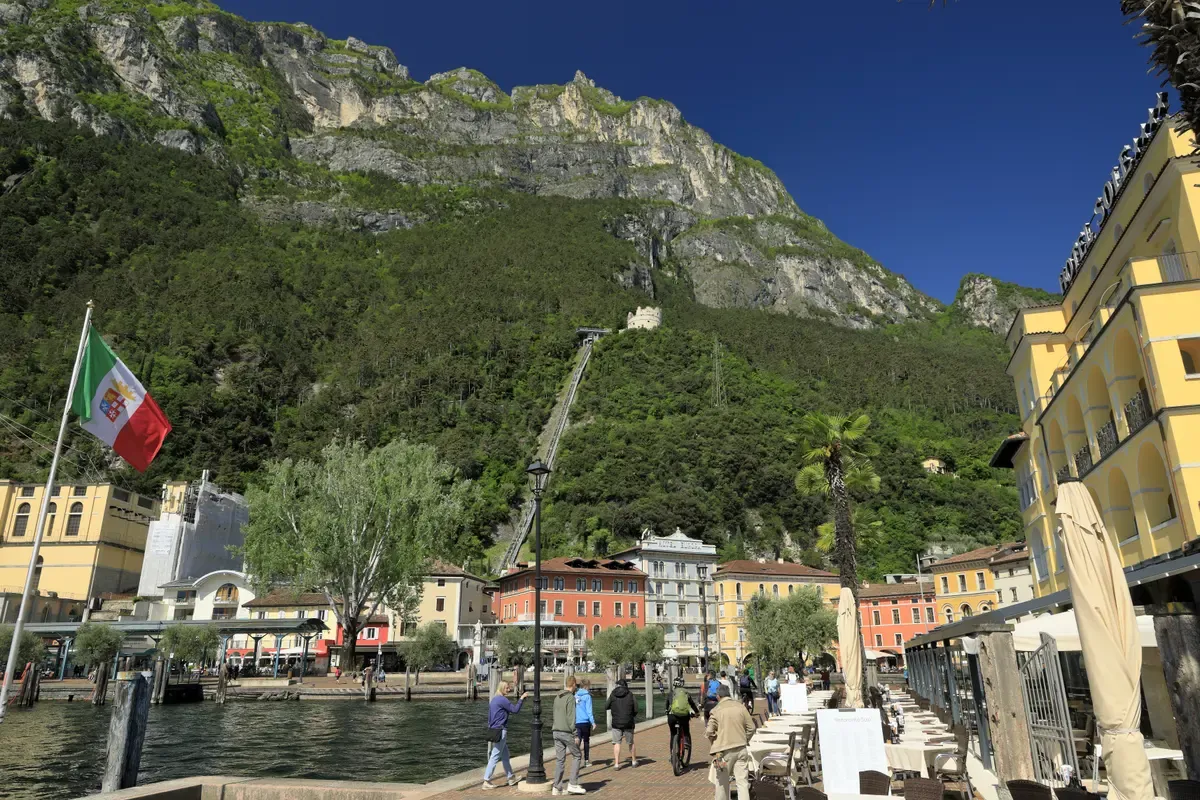 The Venetian Bastione and the track of its scenic lift above Riva del Garda on Lake Garda, Italy