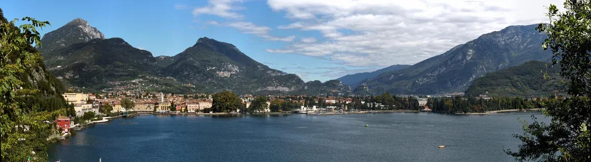 Riva del Garda at the northern tip of the lake below steep mountains