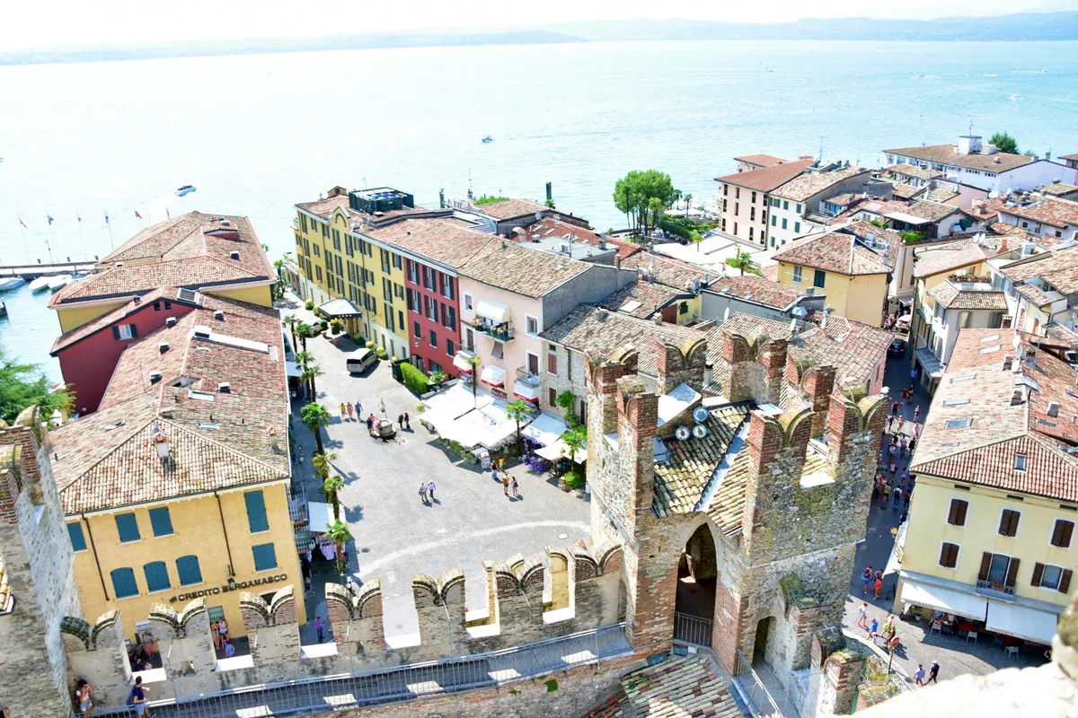 View from the keep of the Scaligero Castle over the rooftops of Sirmione, Lake Garda, Italy