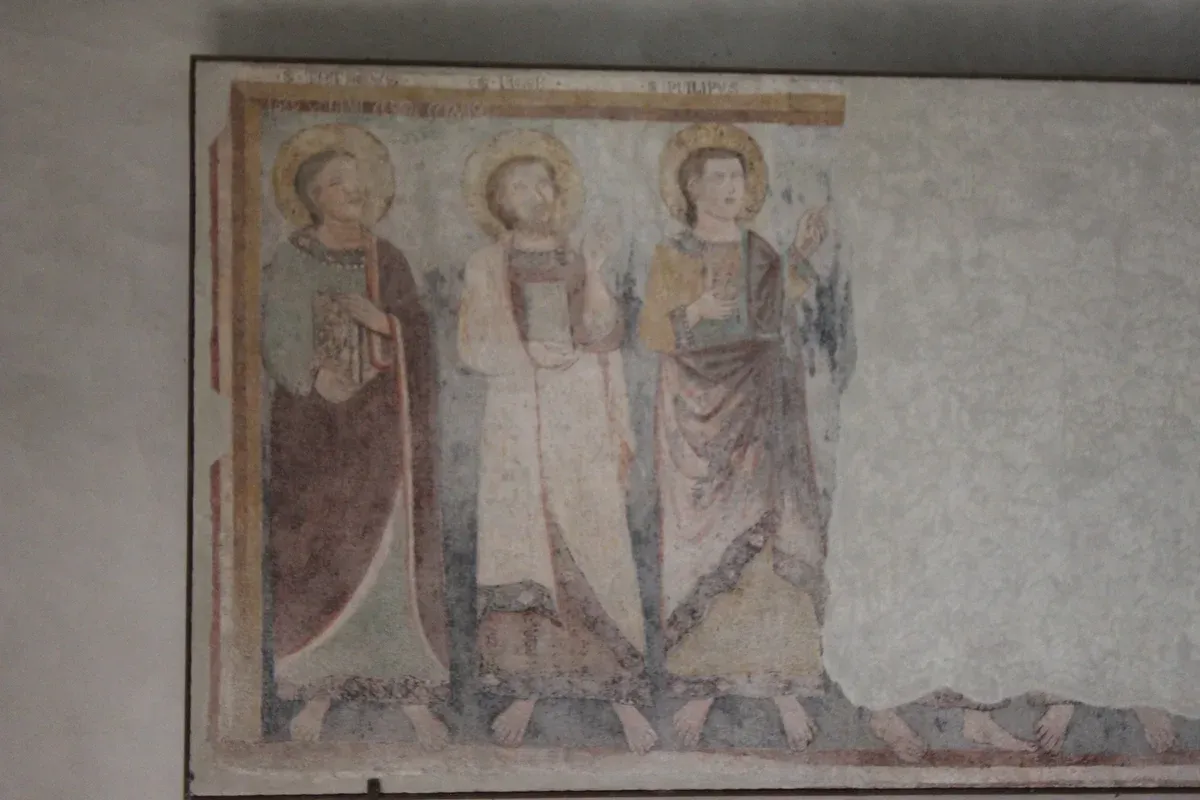 A fresco of saints inside the church of San Pietro in Mavino, Sirmione, Italy