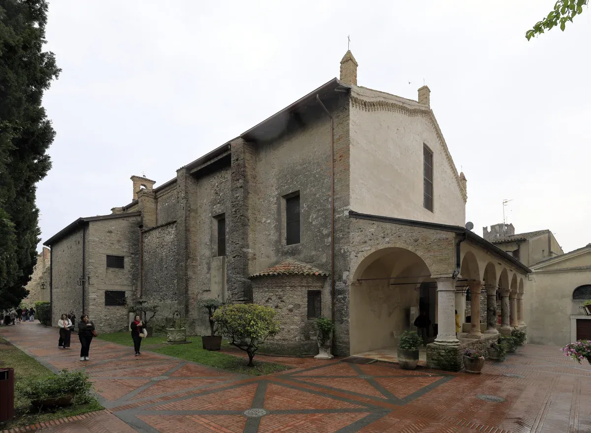 The church of Santa Maria Maggiore with its portico in the old town of Sirmione, Italy, on Lake Garda