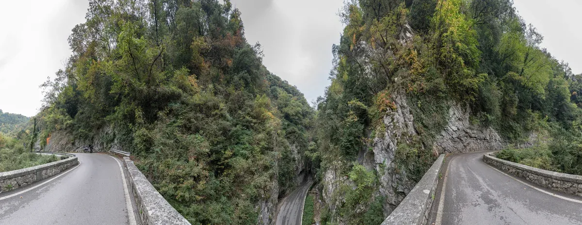 The Strada della Forra (SP38) between the rock walls of the Brasa gorge at Tremosine, Lake Garda, Italy