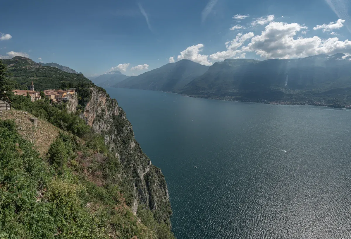 Pieve di Tremosine on its cliff above Lake Garda, Italy, seen from the Terrazza del Brivido
