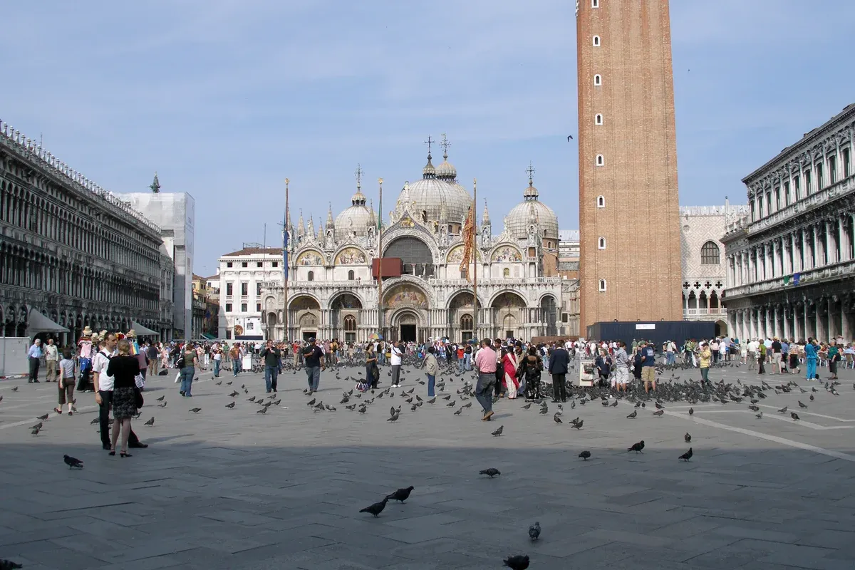 St Mark's Basilica and the bell tower on Piazza San Marco in Venice, Italy
