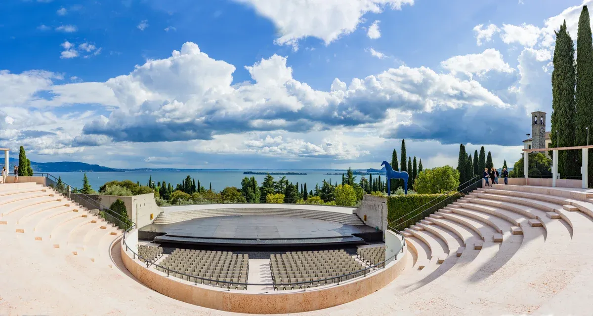 The Parlaggio open-air theatre of the Vittoriale degli Italiani above Lake Garda in Gardone Riviera, Italy
