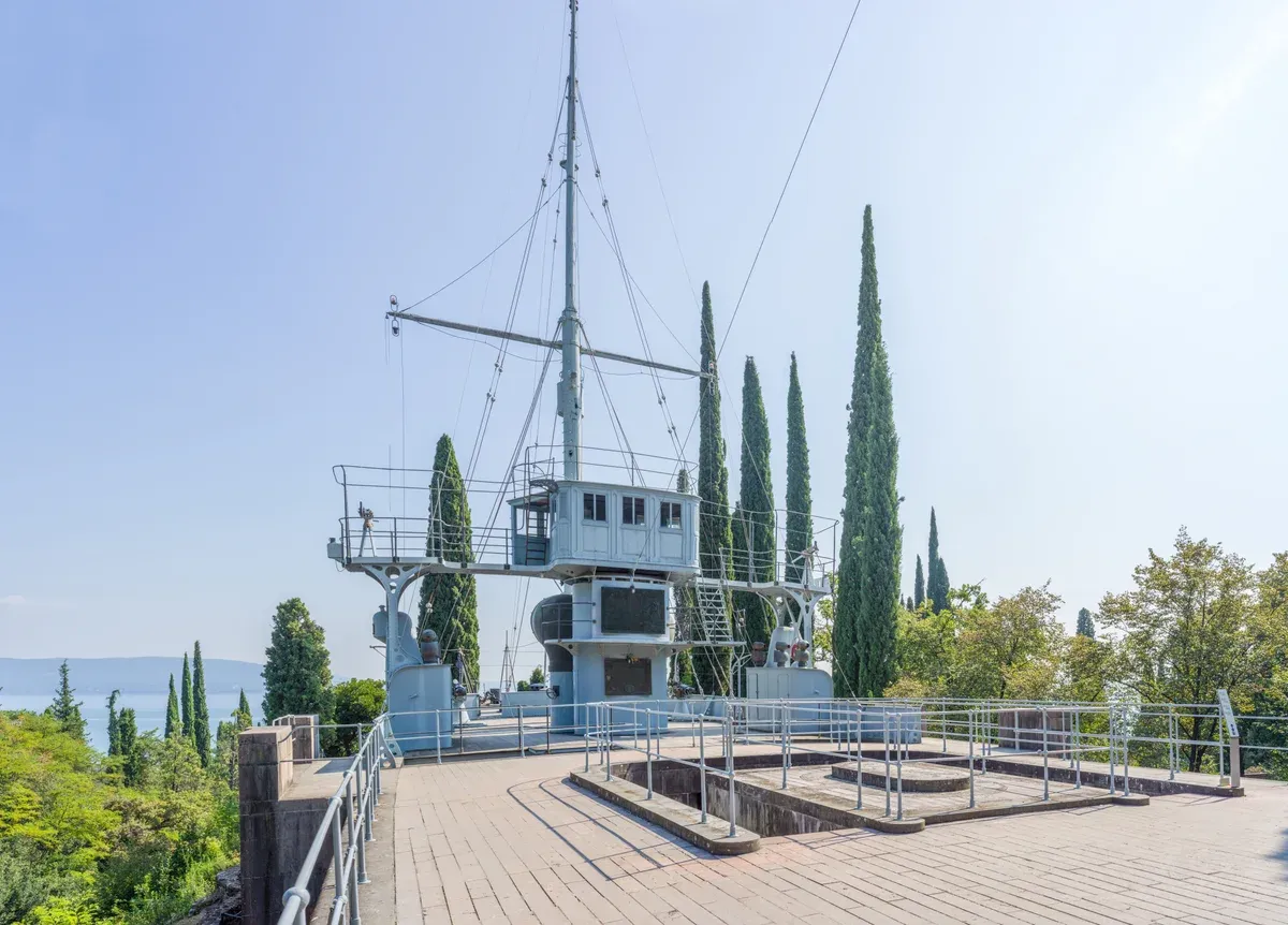 The bow of the cruiser Puglia set into the hillside at the Vittoriale degli Italiani, Gardone Riviera, Lake Garda, Italy